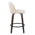 Tintori counter stool in Walnut-glazed Wood, Cream Noise Fabric, Black Metal, side view, featuring swivel and metal footrest