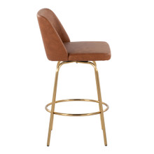 Tintori counter stool in Camel PU, Gold Metal, side view, featuring swivel and metal footrest