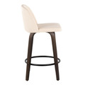 Tintori counter stool in Walnut-glazed Wood, Cream PU, Black Metal, side view, featuring swivel and metal footrest