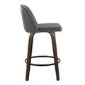 Tintori counter stool in Walnut-glazed Wood, Grey PU, Black Metal, side view, featuring swivel and metal footrest