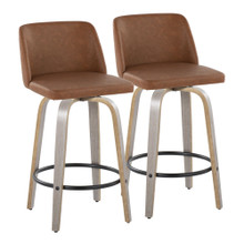 Toriano 26" Contemporary Fixed-Height Counter Stool with Swivel in Light Grey Wood and Camel Faux Leather with Round Black Metal Footrest- Set of 2 — pair view