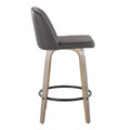 Tintori counter stool in Light Grey Wood, Grey PU, Black Metal, side view, featuring swivel and metal footrest