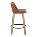 Tintori counter stool in Whitewashed Wood, Camel PU, Black Metal, side view, featuring swivel and wood frame