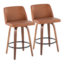 Toriano 26" Mid-Century Modern Fixed Height Counter Stool with Swivel in Walnut Wood and Camel Faux Leather with Round Black Footrest- Set of 2 — pair view