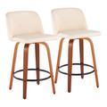 Toriano Mid-Century Modern Fixed-Height Counter Stool in Walnut Wood with Round Black Footrest and Cream Faux Leather- Set of 2 — pair view