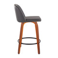 Tintori counter stool in Walnut Wood, Grey PU, Black Metal, side view, featuring metal footrest