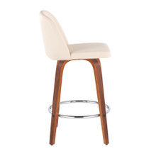 Tintori counter stool in Walnut Wood, Cream PU, Chrome, side view, featuring metal footrest