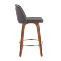 Tintori counter stool in Walnut Wood, Grey PU, Chrome Metal, side view, featuring metal footrest