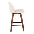 Tintori counter stool in Walnut Wood, Cream PU, Black Steel, side view, featuring metal footrest