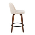 Tintori counter stool in Walnut Wood, Cream Noise Fabric, Black Steel, side view, featuring metal footrest