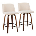 Toriano Mid-Century Modern Fixed-Height Counter Stool in Walnut Wood with Round Black Footrest and Cream Noise Fabric- Set of 2 — pair view