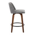 Tintori counter stool in Walnut Wood, Grey Noise Fabric, Black Steel, side view, featuring metal footrest