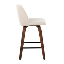 Tintori counter stool in Walnut Wood, Cream Noise Fabric, Black Steel, side view, featuring metal footrest