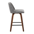 Tintori counter stool in Walnut Wood, Grey Noise Fabric, Black Metal, side view, featuring metal footrest