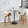 Vintage Mod counter stool in Walnut Wood, Black Metal, Cream Fabric, featuring swivel and upholstered seat