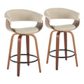 Vintage Mod 26" Mid-Century Modern Fixed-Height Counter Stool with Swivel in Walnut Wood and Cream Fabric with Round Black Metal Footrest- Set of 2 — pair view (photo 1)