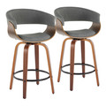 Vintage Mod 26" Mid-Century Modern Fixed-Height Counter Stool with Swivel in Walnut Wood and Light Grey Fabric with Round Black Metal Footrest- Set of 2 — pair view