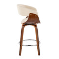Vintage Mod counter stool in Walnut Wood, Chrome Metal, Cream Fabric, side view, featuring swivel and upholstered seat