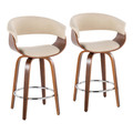 Vintage Mod 26" Mid-Century Modern Fixed-Height Counter Stool with Swivel in Walnut Wood and Cream Fabric with Round Chrome Metal Footrest- Set of 2 — pair view