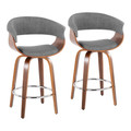Vintage Mod 26" Mid-Century Modern Fixed-Height Counter Stool with Swivel in Walnut Wood and Light Grey Fabric with Round Chrome Metal Footrest- Set of 2 — pair view