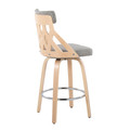 York counter stool in Natural Wood, Light Grey Fabric, Chrome, back and side view, featuring swivel and metal footrest