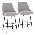 Studded Marcel 27" Contemporary Fixed-Height Counter Stool with Swivel in Black Metal and Light Grey Fabric with Brass Nailhead Trim and Round Black Metal Footrest- Set of 2 — pair view