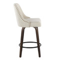 Marcel counter stool in Walnut Glazed Wood, Black Metal, Cream Fabric, Brass Metal, side view, featuring swivel and wood frame