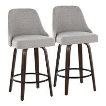 Studded Marcel 27" Transitional Fixed-Height Counter Stool with Swivel in Walnut Glazed Wood and Light Grey Fabric with Brass Nailhead Trim and Round Black Metal Footrest- Set of 2 — pair view