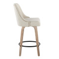 Marcel counter stool in Whitewashed Wood, Black Metal, Cream Fabric, Brass Metal, side view, featuring swivel and wood frame