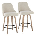 Studded Marcel 27" Transitional Fixed-Height Counter Stool with Swivel in Whitewashed Wood and Cream Fabric with Brass Nailhead Trim and Round Black Metal Footrest- Set of 2 — pair view