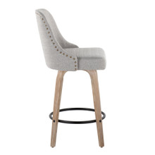 Marcel counter stool in Whitewashed Wood, Light Grey Fabric, Brass Metal, Black Metal, side view, featuring swivel and wood frame