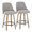 Marcel counter stool in Whitewashed Wood, Light Grey Fabric, Brass Metal, Black Metal, coordinated set view, featuring swivel and wood frame