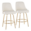 Studded Marcel 27" Contemporary Fixed-Height Counter Stool with Swivel in Gold Metal and White Faux Leather with Gold Nailhead Trim and Round Gold Metal Footrest- Set of 2 — pair view