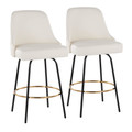 Studded Marcel 27" Contemporary Fixed-Height Counter Stool with Swivel in Black Metal and White Faux Leather with Gold Nailhead Trim and Round Gold Metal Footrest- Set of 2 — pair view