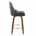 Marcel counter stool in Walnut Wood, Black PU, Chrome Metal, side view, featuring swivel and wood frame