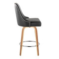 Marcel counter stool in Zebra Wood, Black PU, Chrome Metal, side view, featuring swivel and wood frame