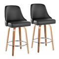 Studded Marcel 27" Transitional Fixed-Height Counter Stool with Swivel in Zebra Wood and Black Faux Leather with Chrome Nailhead Trim and Round Chrome Metal Footrest- Set of 2 — pair view