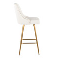Marcel counter stool in Gold Metal, White PU, side view, featuring metal footrest