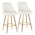 Studded Marcel 27" Contemporary Fixed-Height Counter Stool in Gold Metal and White Faux Leather with Gold Nailhead Trim and Square Gold Metal Footrest- Set of 2 — pair view