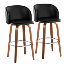 Fran 29" Mid-Century Modern Fixed-Height Barstool with Swivel in Walnut Wood and Black Faux Leather with Round Chrome Metal Footrest- Set of 2 — pair view
