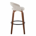 Grotto bar stool in Walnut Wood, Oat Noise Fabric, Black Metal, side view, featuring swivel and wood frame