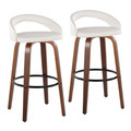 Grotto Upholstered 30" Contemporary Fixed-Height Barstool with Swivel in Walnut Wood and White Faux Leather with Round Black Metal Footrest- Set of 2 — pair view