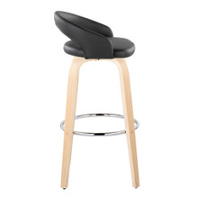 Grotto bar stool in Natural Wood, Black PU, Chrome Metal, side view, featuring swivel and wood frame