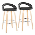 Grotto Upholstered 30" Contemporary Fixed-Height Barstool with Swivel in Natural Wood and Black Faux Leather with Round Chrome Metal Footrest- Set of 2 — pair view