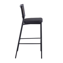 Tania bar stool in Black Metal, Black PU, Rattan, side view, featuring rattan design and metal design