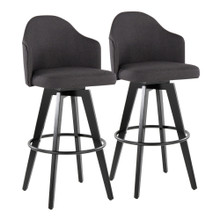 Ahoy Upholstered 30" Contemporary Fixed-Height Barstool with Swivel in Black Wood and Charcoal Fabric with Round Black Metal Footrest- Set of 2 — pair view