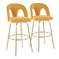 Ava Upholstered 30" Contemporary Fixed-Height Barstool with Swivel in Gold Metal and Yellow Fabric with Round Gold Metal Footrest- Set of 2 — pair view