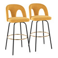 Ava Upholstered 30" Contemporary Fixed-Height Barstool with Swivel in Black Metal and Yellow Fabric with Round Gold Metal Footrest- Set of 2 — pair view
