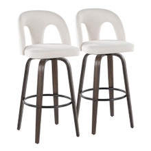 Ava Upholstered 30" Contemporary Fixed-Height Barstool with Swivel in Walnut Glazed Wood and Snow White Fabric with Round Black Metal Footrest- Set of 2 — pair view