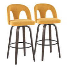 Ava Upholstered 30" Contemporary Fixed-Height Barstool with Swivel in Walnut Glazed Wood and Yellow Fabric with Round Black Metal Footrest- Set of 2 — pair view